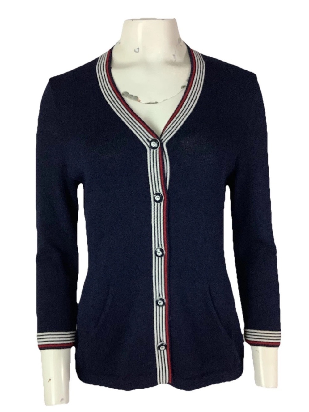 St. John Sport Sz P Santana Knit Logo Button Nautical Hem Stripe Sweater Blue